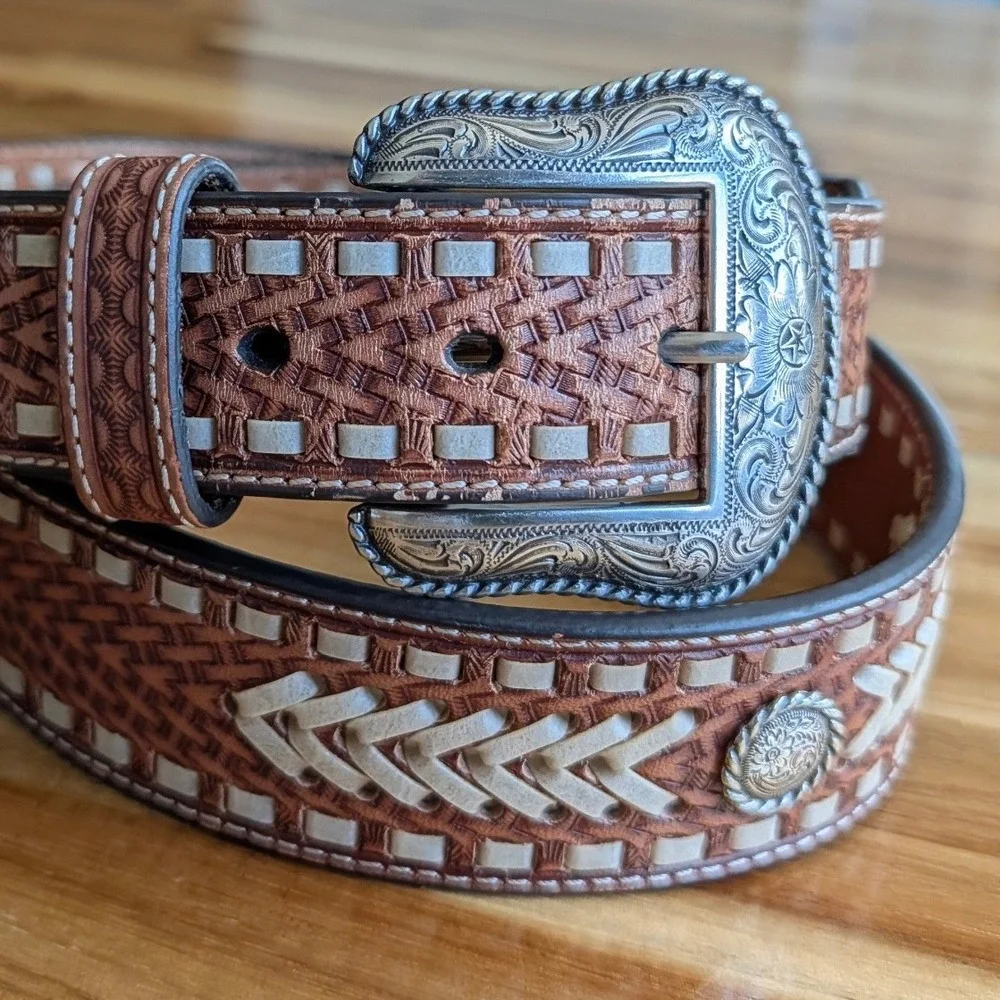 Nocona Mens Brown Leather Western Belt Basketweave Size 44 (For Pant Size 42)